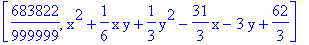 [683822/999999, x^2+1/6*x*y+1/3*y^2-31/3*x-3*y+62/3]